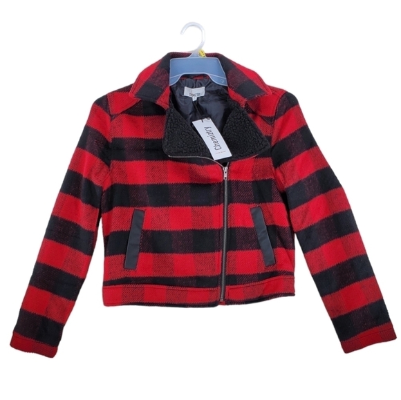 Love Chemiztry Coat Buffalo Plaid Red Black Moto Flannel Fleece Jacket Lined S L - Picture 1 of 12